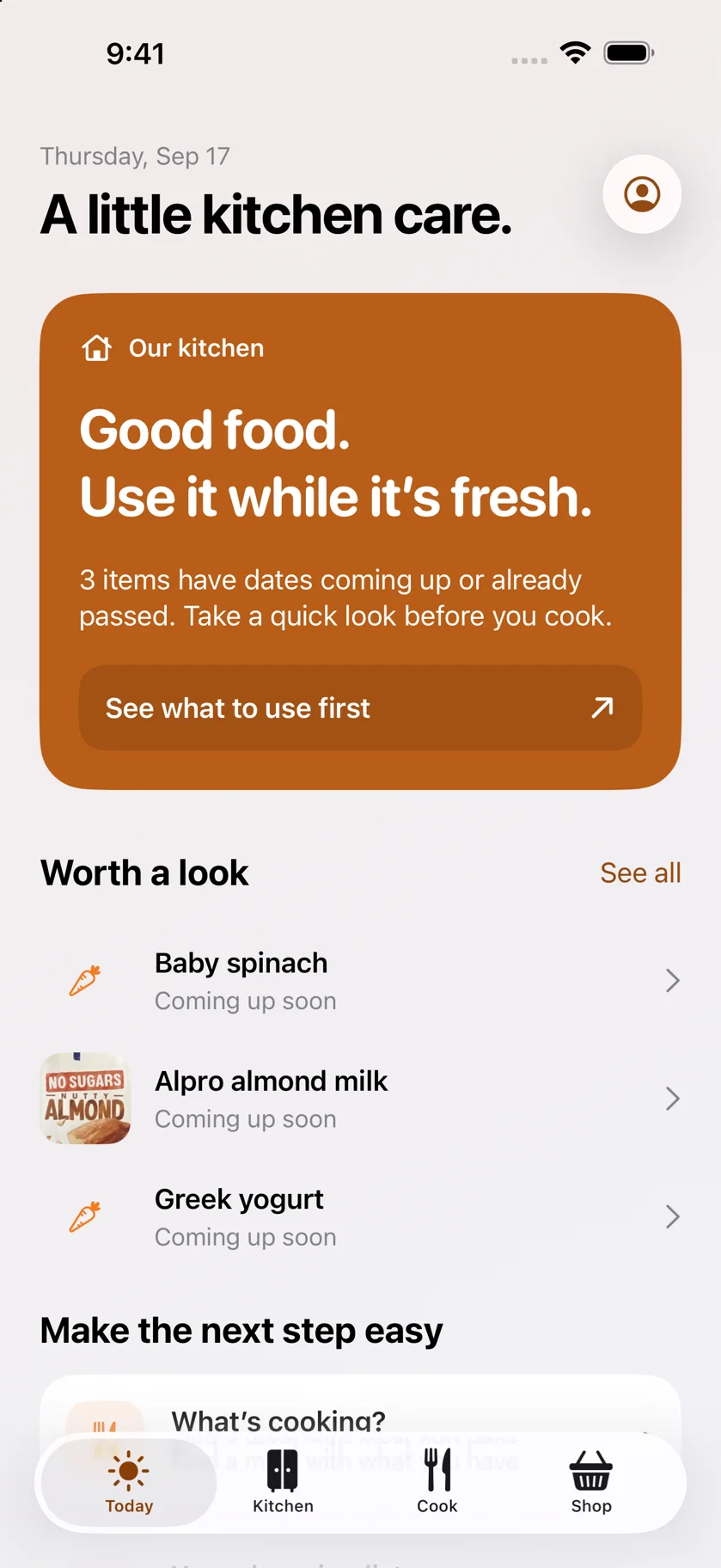 Today in PantryVault, with food to use first and your next kitchen tasks